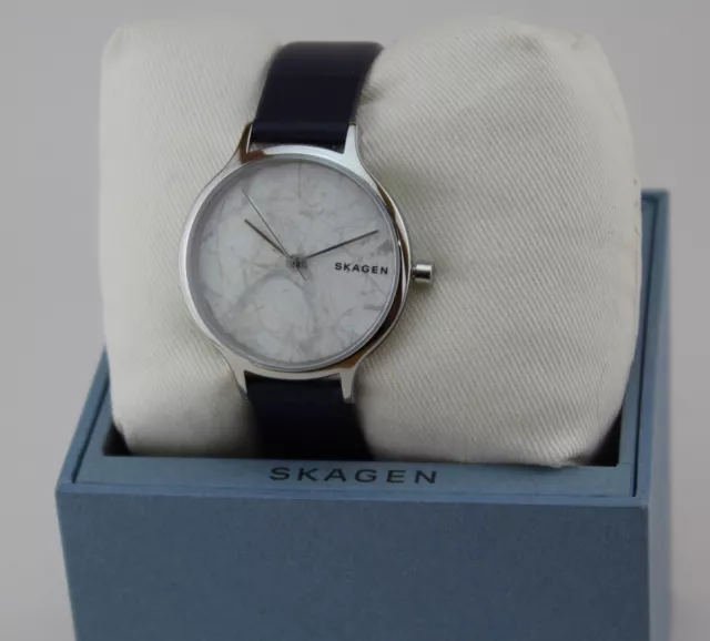 New Authentic Skagen Anita Silver Blue Leather Stone Dial Women's Skw2719 Watch