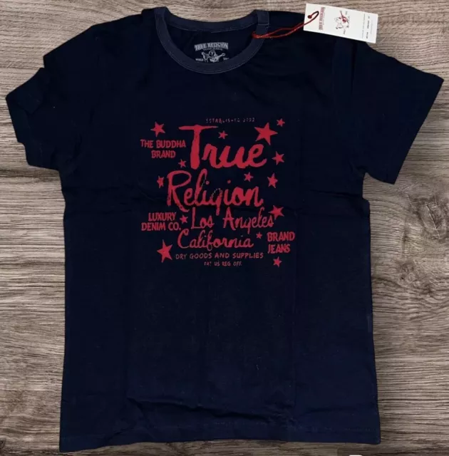 True Religion Jeans T-Shirt Logo Tee Crew Lucky Graphic Navy Blue Vintage Men