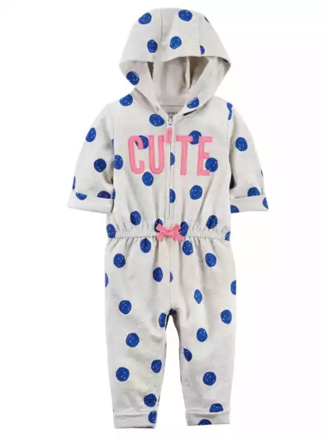 Carter Infant Girls Gray & Blue Polka Dot Hooded Cute Jumpsuit Coverall Outfit