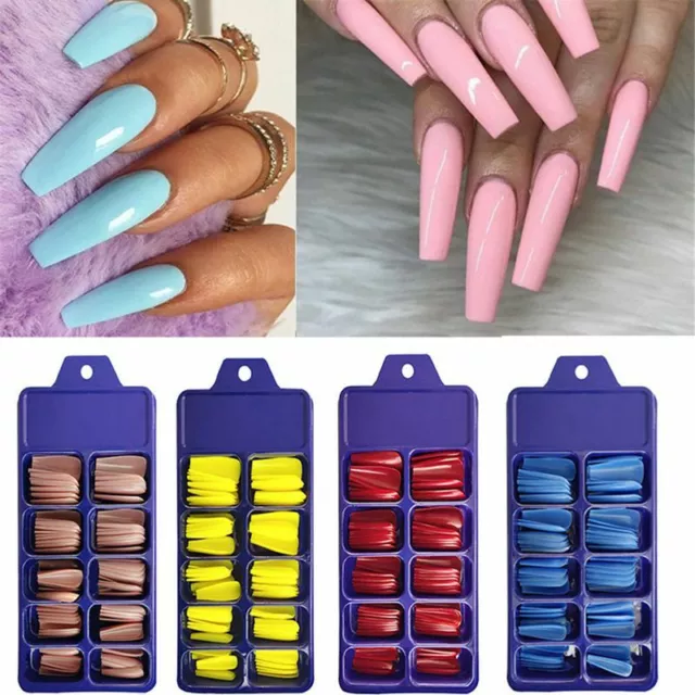 100Pcs Long Fake Nails Acrylic Artificial False Fingernail Tips Full Cover Decor