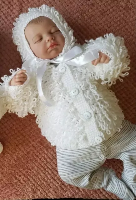 Newborn baby girls Hand Knitted crochet hat and cardigan  White Loopy Knit