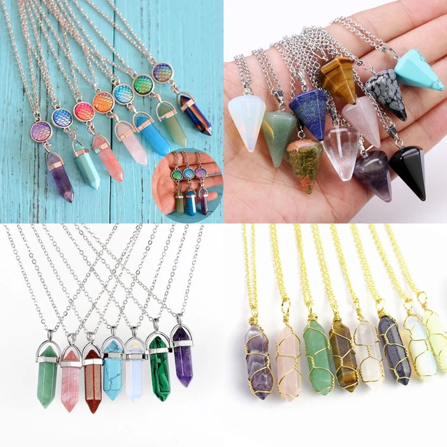 Pendentif Chakra En Pierres Naturelles - Améthyste Hexagonale, Collier Cuir Or 18 Pouces