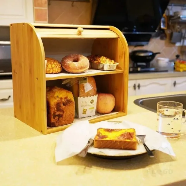 Bamboo 2 Layer Bread Bin Slide Door Roll Top Double Decker Storage Box Kitchen