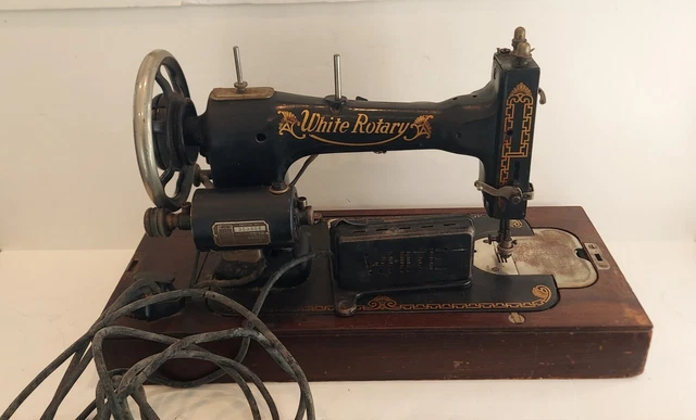 Antique White rotary portable sewing machine in wood carry case.