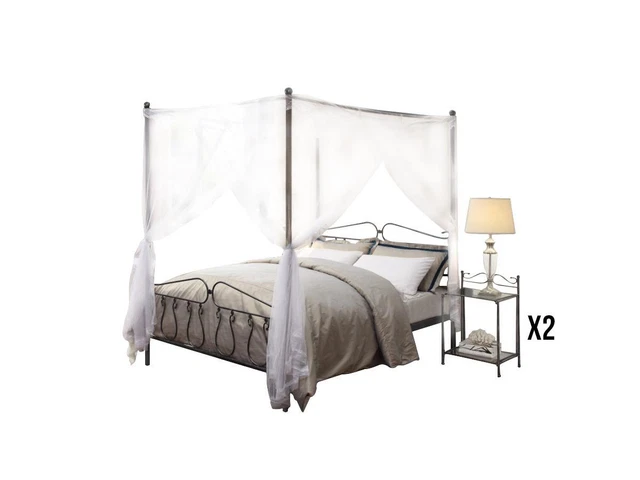 Ensemble lit à baldaquin 160 x 200 cm + 2 tables de chevet - Métal façon fer for