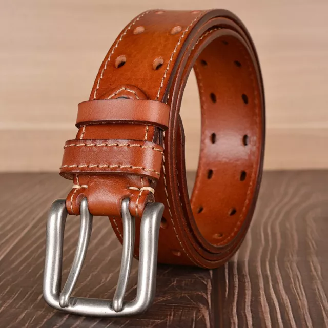 Men Heavy Duty Double Prong Belt Retro Genuine Leather Work Belts for Jeans