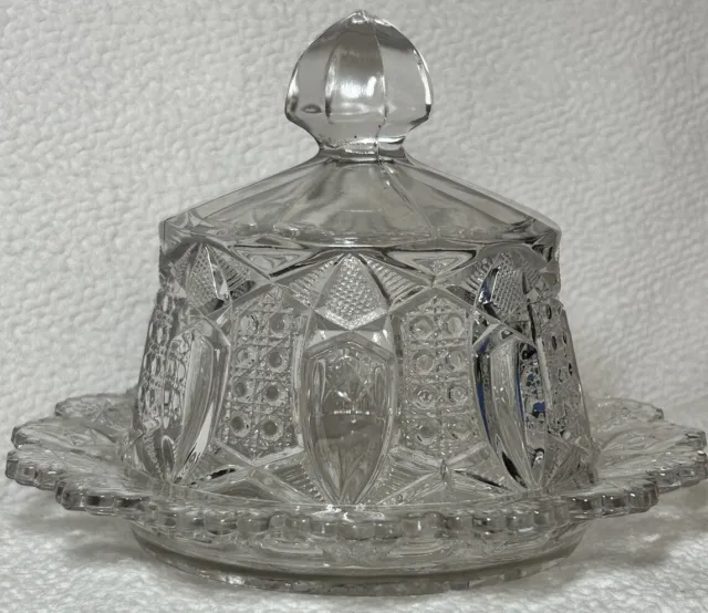 Antique c1910 EAPG McKee Glass Co. Quintec Uranium Glass Clear Butter Dish