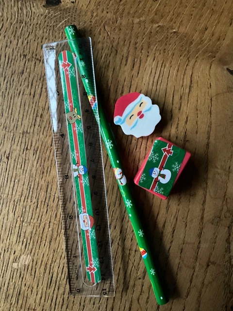 christmas stationery set stocking filler pencil ruler sharpener eraser SANTA