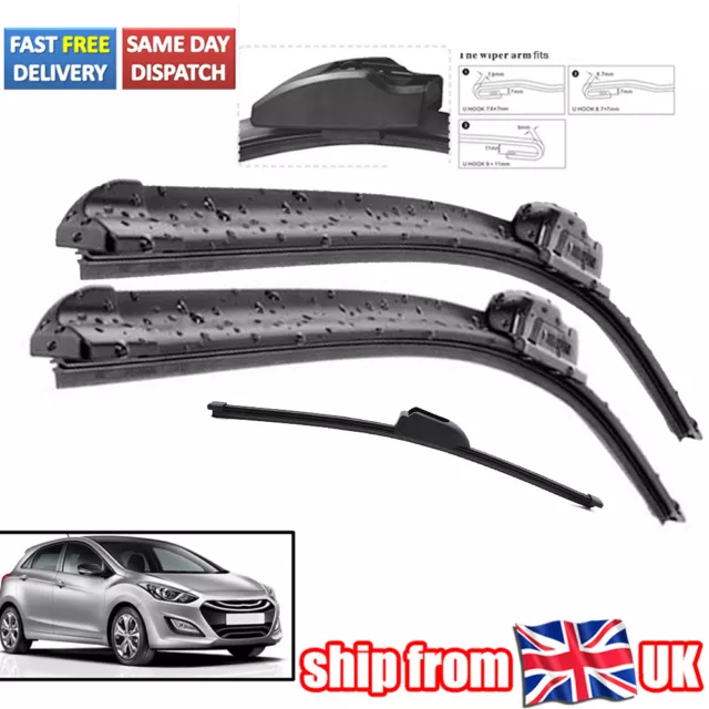 3Pcs Front & Rear Window Windscreen Wiper Blades Set For Hyundai i30 2012-2017