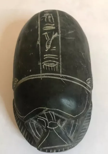 4" Egyptian Carved Black Soap Stone Scarab Beetle Hieroglyphics Paperweight