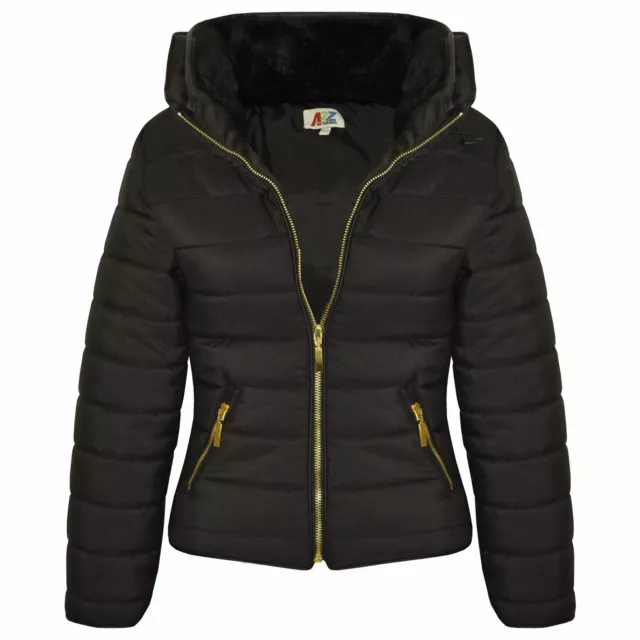 Girls Jacket Kids Padded Black Puffer Bubble Fur Collar Quilted Warm Thick Coats