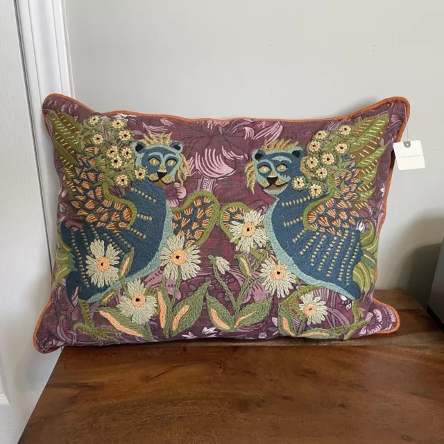 House of Hackney Throw Pillow Silk Anthropologie Jaguar Cat Floral Embroidered
