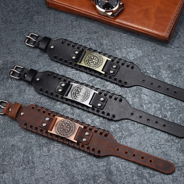 Men Viking Leather Bracelet Vegvisir Pirate Compass Runes Cuff Wristband Jewelry