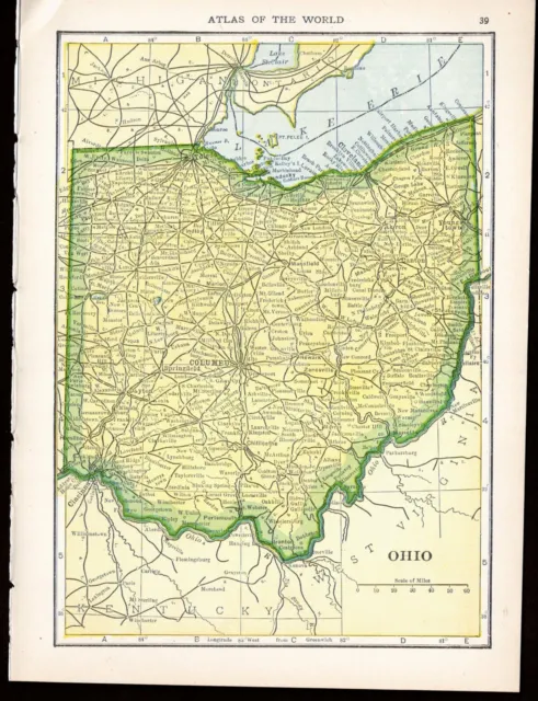 1911 Original Antique Hammond Atlas Map of Ohio on reverse Indiana