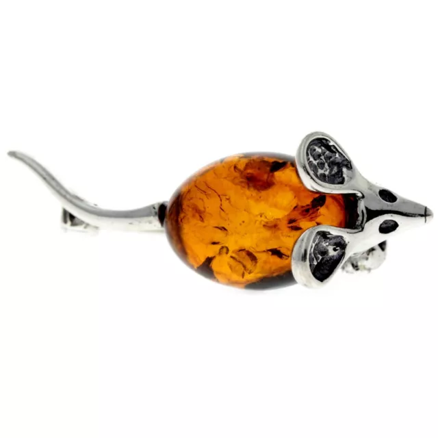 Certifié 925 Argent Sterling Ambre Baltique Véritable Petit Souris Broche 4107