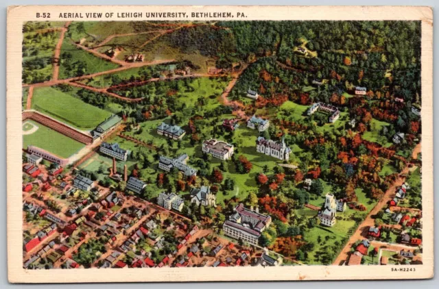 Bethlehem PA Lehigh University Aerial View Linen Posted 1944 Postcard