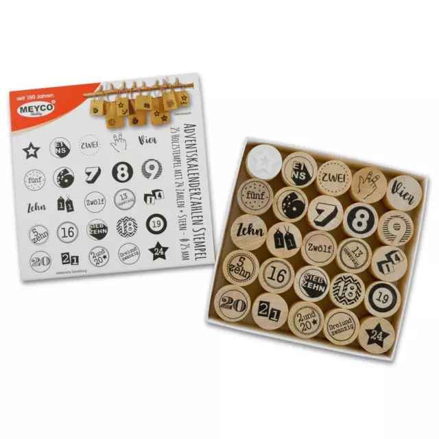 Meyco Holz Stempel Set "Adventskalenderzahlen" 24 Stempel- ø 25 mm