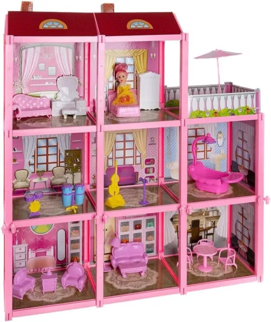 Maison Petite De Poupées H 65cm Composable Plastique Avec Meubles Et Accessoires