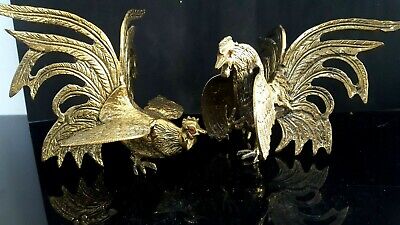 Big Pair Vintage Bronze Metal Fighting Cocks Roosters Sculpture Solid Brass