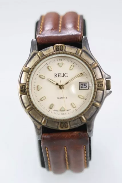 Relic Montre Hommes Ancien Argent Or Inoxydable Wr Cuir Marron Date Beige Quartz