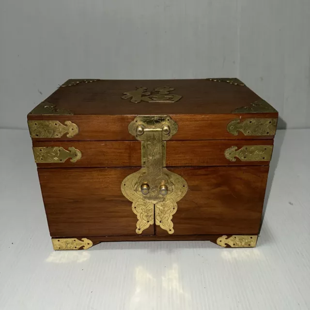 Vtg MCM Asian Oriental Brass Hinged Solid Wooden Jewellery Box As Is