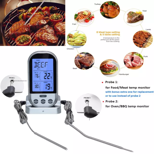 Digital Wireless Remote Dual 2 Probes Cooking Food Meat Oven BBQ Thermometer USA