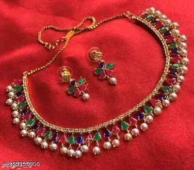Indian Traditional small ruby stone with white pearl necklace earring set