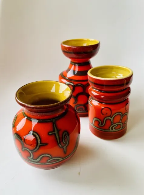 3 Vintage Hand Painted Orange Gouda Pottery Flora Pots/Vases Holland 1970's