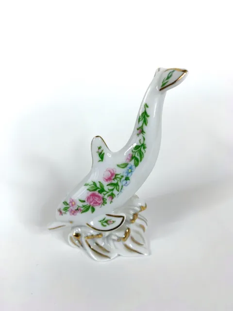 Lenox 3.5" Porcelain Dolphin Figurine - Pink Painted w/ Floral & Gold Trim