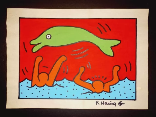 Keith Haring Drawing on Signed Paper & Mixed Media