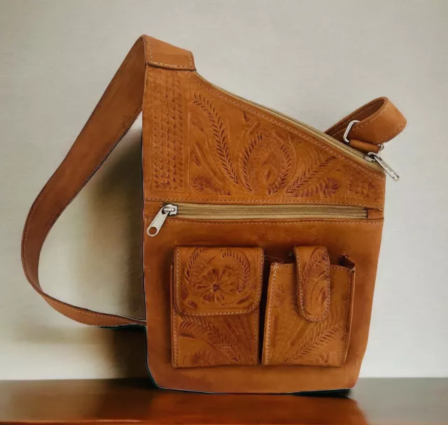 Leather Tooled Brown Crossbody Bag Purse Sling Slim  Western Medium