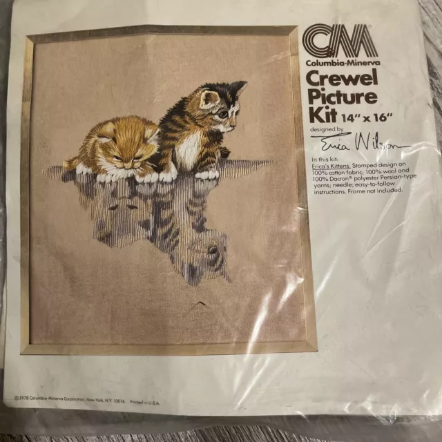 Vintage 1978 Columbia Minerva Crewel Kit New #7896 "Kittens" 14"x16"