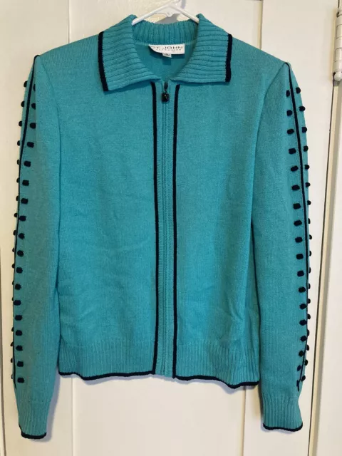 St. John Collection Teal Knit Full Zip Sweater Jacket Made In USA Women’s 10