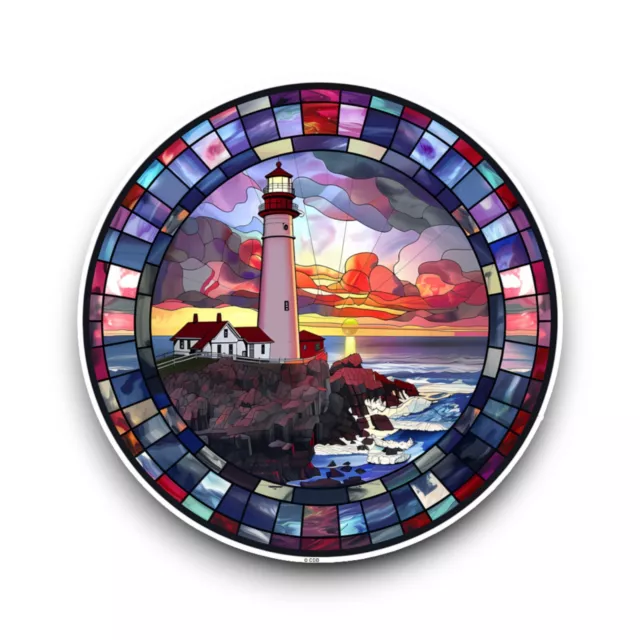 LARGE Lighthouse Coastal Stained Glass Window Design Opaque Vinyl Sticker Decal