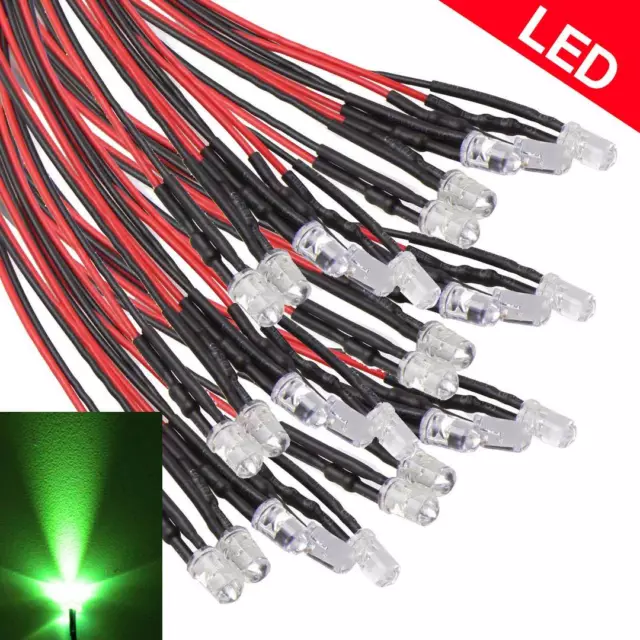 US Stock 50 Pre Wired 5mm LED Green 55cm Prewired 12v Light Emitting Diode