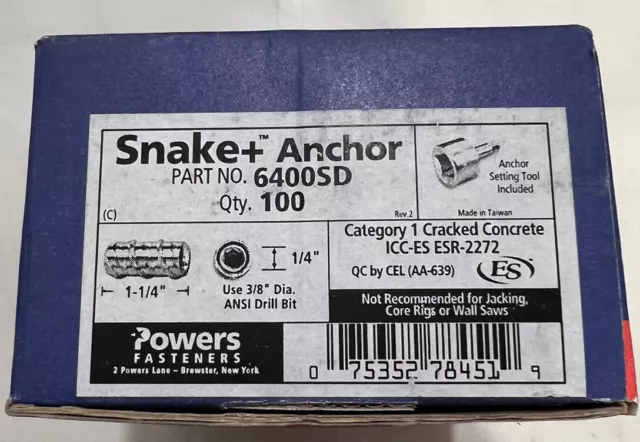 Powers Fasteners 6400SD-PWR Snake and 1/4" Internal Thread, 100 Per Box