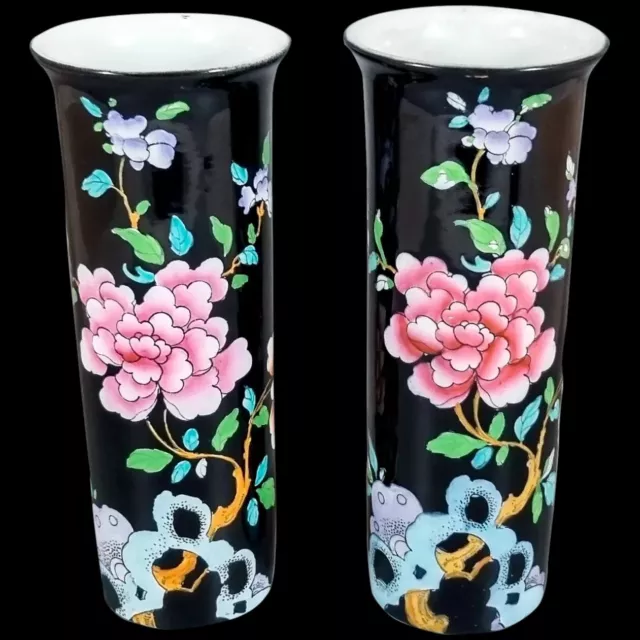 Sheraton Chinoiserie polychrome blossom tree cylinder vase pair, Wood & Sons 2