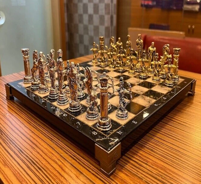 CHESS SET VINTAGE Mythology Chess Pieces Marble Wood Chess Board Gift 