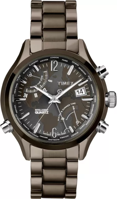 Timex T2N946 Intelligent Quartz Men's World Time Watch Black Steel Bracelet