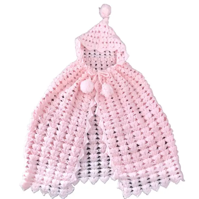 Vintage 1985 Toddler Girl Pink Crochet Hooded Cape Pom Pom Tie Shell Stitch