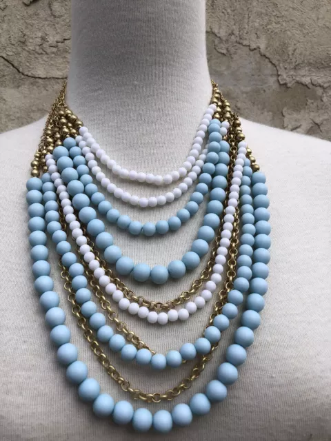 NWT TALBOTS Baby Blue Bead & White Multi Strand Gold Chunky STATEMENT NECKLACE