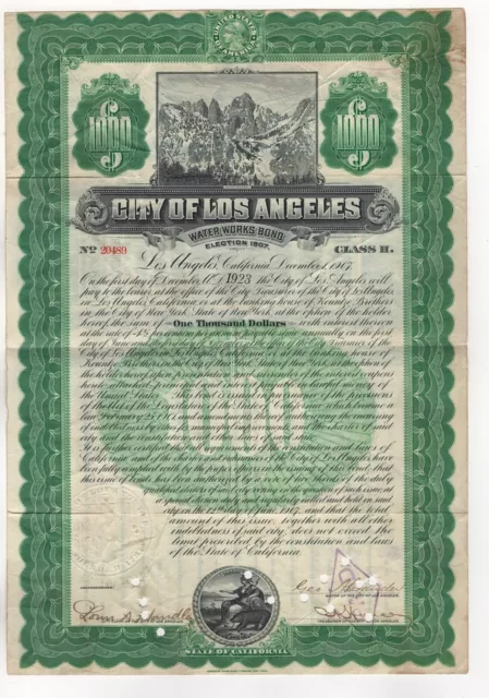 1907 Fantastic Gold Bond Certificate City Of Los Angeles Water Works Ca