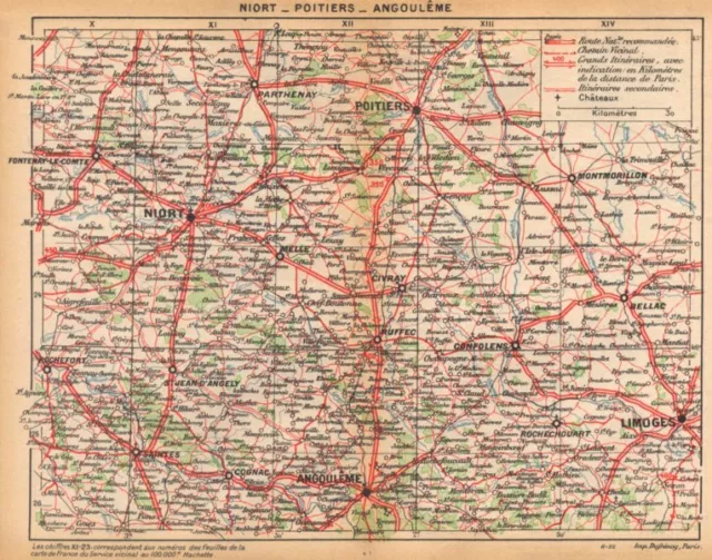 DEUX- SÈVRES. Niort- Poitiers- Angoulême 1922 old vintage map plan chart