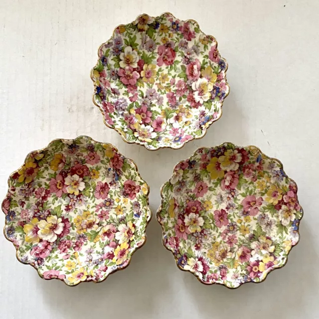 3 James Kent Ltd Chintz Du Barry Bowls Scalloped Edges About 5" - Read