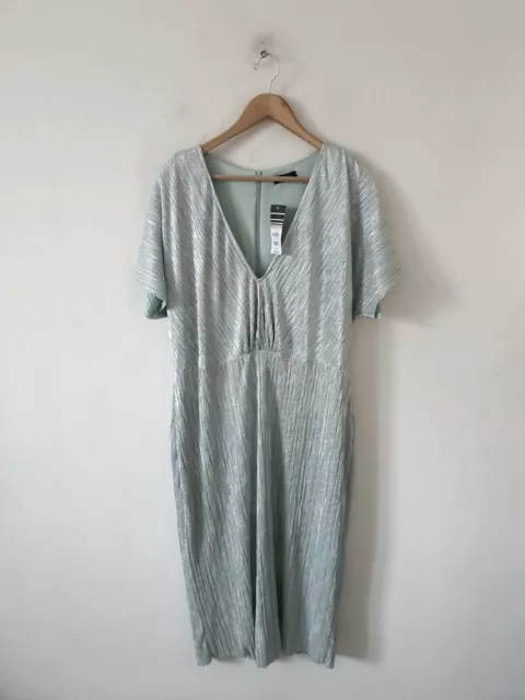 Wallis Green Shimmer Plisse Midi Dress Size 18 Bnwt Rrp £50