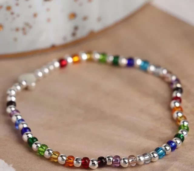 POM Silver plated and rainbow glass bead bracelet