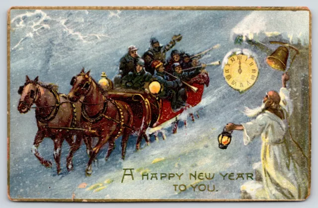 New Year Revelers~Horse Drawn Sleigh Passengers Pass Father Time~Midnight~1913