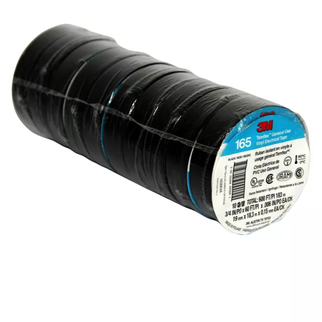 3M Temflex Vinyl Electrical Tape 165 Multi-purpose 3/4" X 60FT Black 10 Roll