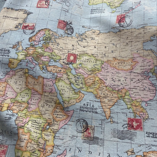 COTTON RICH LINEN Look Fabric World Map Atlas Upholstery Curtain