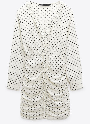 Zara Women White Black Polka Dot Mini Dress Ruched Draped Size M/Medium NWT
